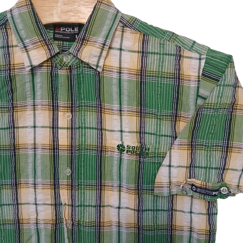South Pole Sheersucker Green & Yellow‎ Plaid Button-Up Casual Shirt Large